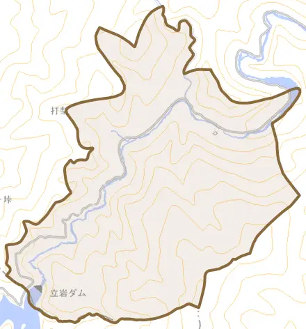 大字打梨とその周辺の地図。町の範囲を重ねている