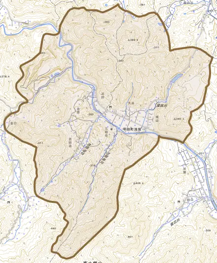 甲田町浅塚とその周辺の地図。町の範囲を重ねている