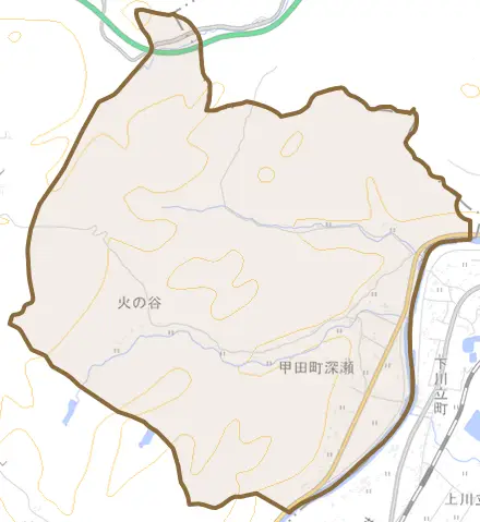 甲田町深瀬とその周辺の地図。町の範囲を重ねている