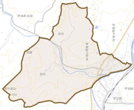 甲田町上甲立とその周辺の地図。町の範囲を重ねている