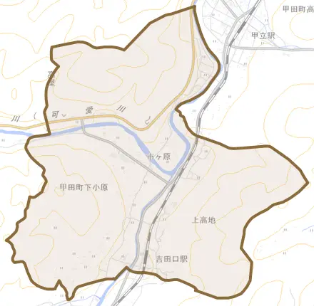 甲田町下小原とその周辺の地図。町の範囲を重ねている