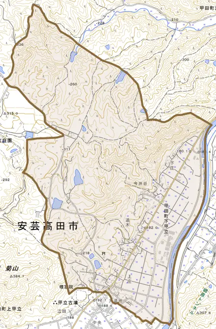 甲田町下甲立とその周辺の地図。町の範囲を重ねている