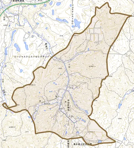 甲田町糘地とその周辺の地図。町の範囲を重ねている
