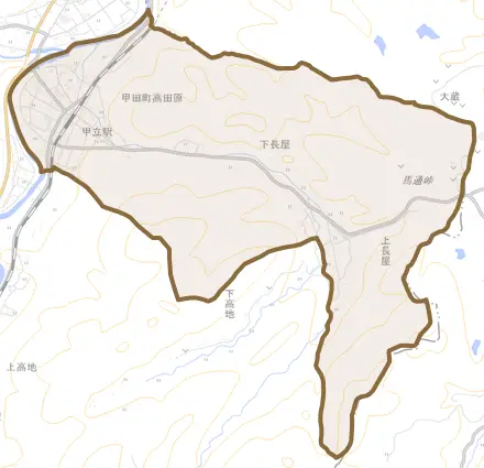 甲田町高田原とその周辺の地図。町の範囲を重ねている