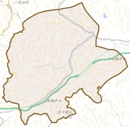 美土里町本郷とその周辺の地図。町の範囲を重ねている