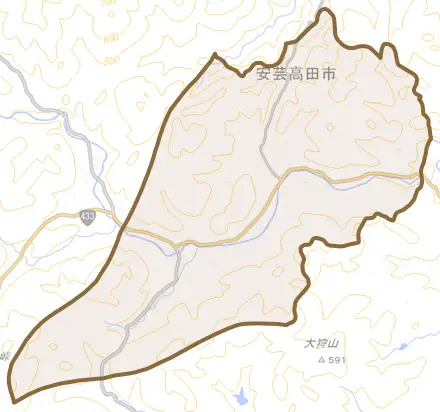 美土里町北とその周辺の地図。町の範囲を重ねている