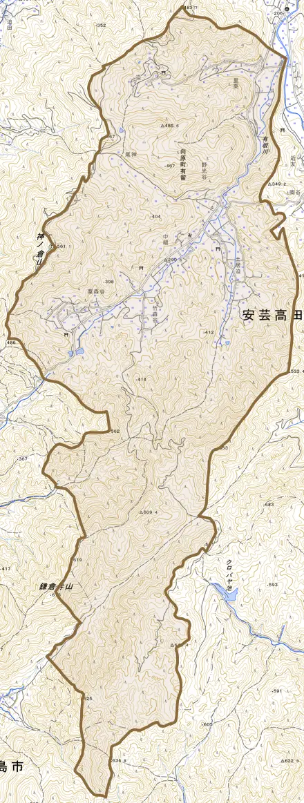 向原町有留とその周辺の地図。町の範囲を重ねている