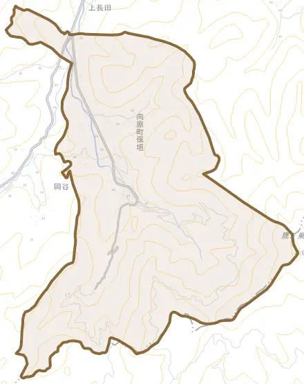向原町保垣とその周辺の地図。町の範囲を重ねている