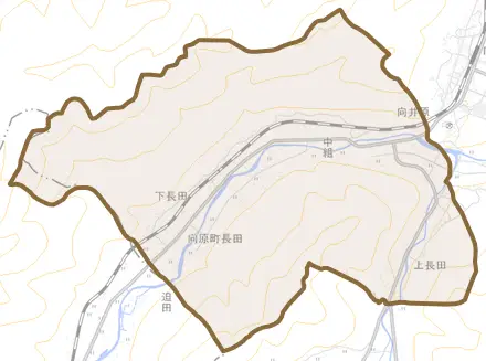 向原町長田とその周辺の地図。町の範囲を重ねている