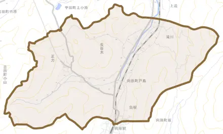 向原町戸島とその周辺の地図。町の範囲を重ねている