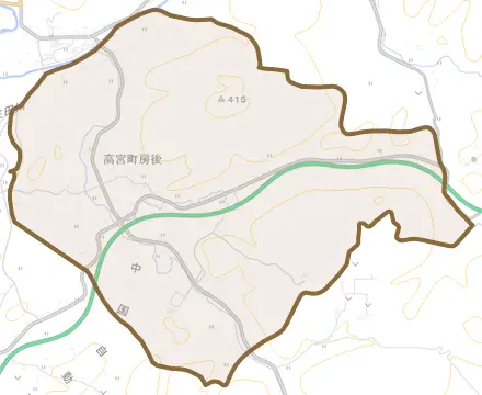 高宮町房後とその周辺の地図。町の範囲を重ねている