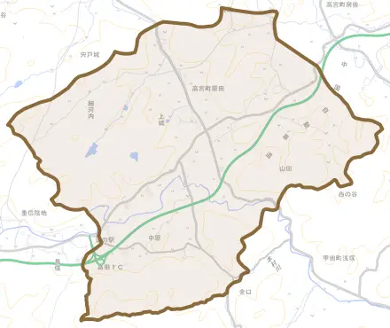 高宮町原田とその周辺の地図。町の範囲を重ねている