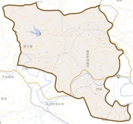 高宮町羽佐竹とその周辺の地図。町の範囲を重ねている