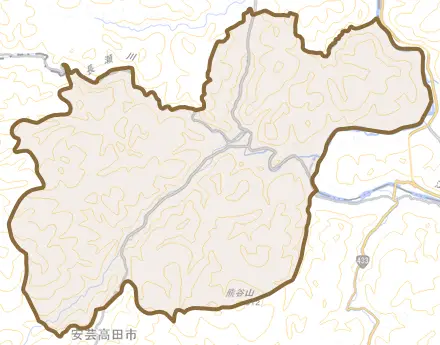 高宮町川根とその周辺の地図。町の範囲を重ねている