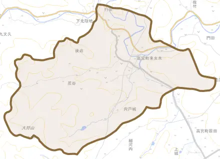 高宮町来女木とその周辺の地図。町の範囲を重ねている