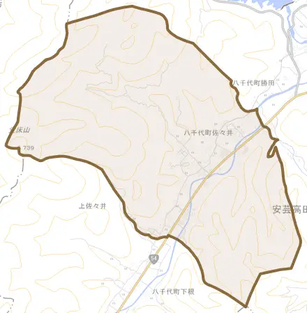 八千代町佐々井とその周辺の地図。町の範囲を重ねている