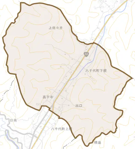 八千代町下根とその周辺の地図。町の範囲を重ねている