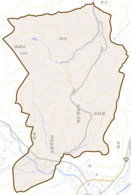 吉田町相合とその周辺の地図。町の範囲を重ねている