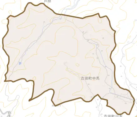 吉田町中馬とその周辺の地図。町の範囲を重ねている