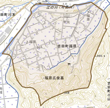 吉田町福原とその周辺の地図。町の範囲を重ねている