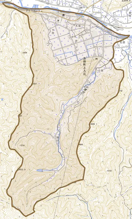 吉田町上入江とその周辺の地図。町の範囲を重ねている