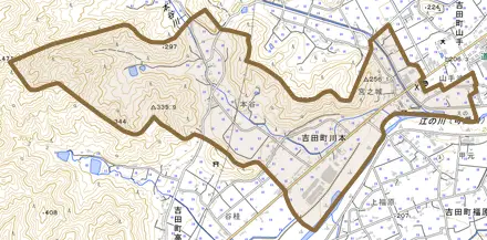 吉田町川本とその周辺の地図。町の範囲を重ねている