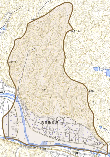 吉田町長屋とその周辺の地図。町の範囲を重ねている
