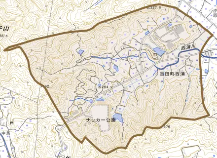 吉田町西浦とその周辺の地図。町の範囲を重ねている