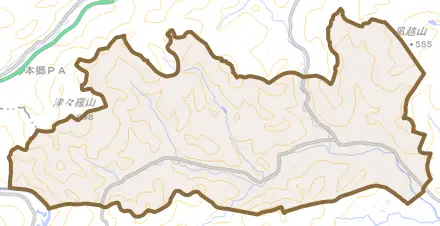 吉田町多治比とその周辺の地図。町の範囲を重ねている