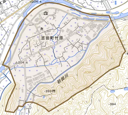 吉田町竹原とその周辺の地図。町の範囲を重ねている