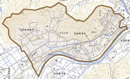 吉田町常友とその周辺の地図。町の範囲を重ねている