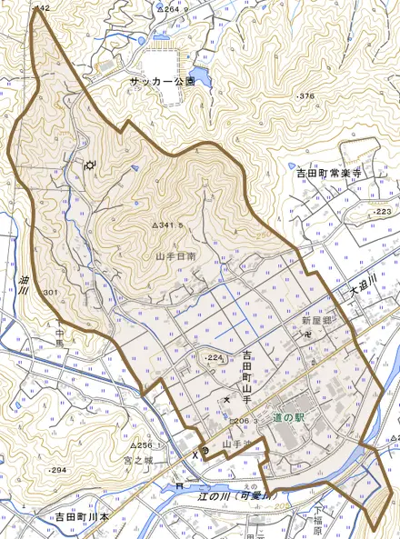 吉田町山手とその周辺の地図。町の範囲を重ねている