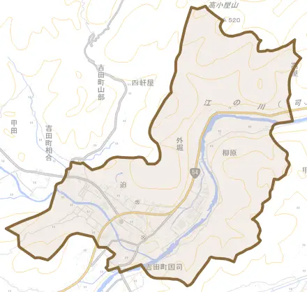 吉田町吉田とその周辺の地図。町の範囲を重ねている