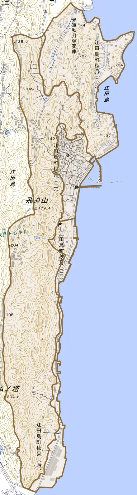 江田島町秋月とその周辺の地図。町の範囲を重ねている