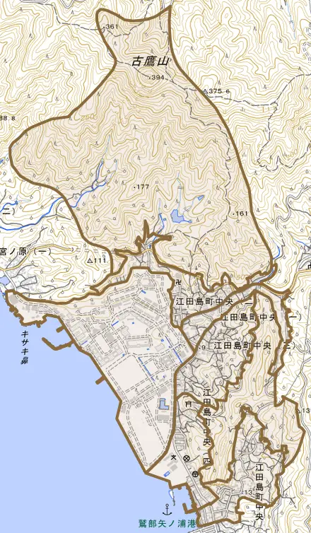 江田島町中央とその周辺の地図。町の範囲を重ねている
