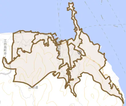 江田島町切串とその周辺の地図。町の範囲を重ねている