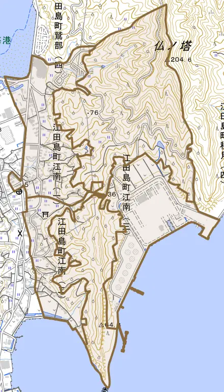 江田島町江南とその周辺の地図。町の範囲を重ねている