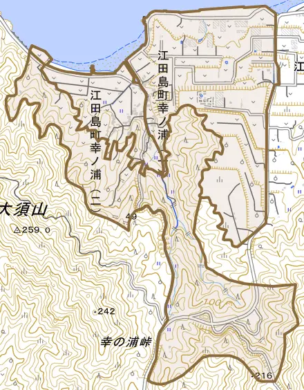 江田島町幸ノ浦とその周辺の地図。町の範囲を重ねている