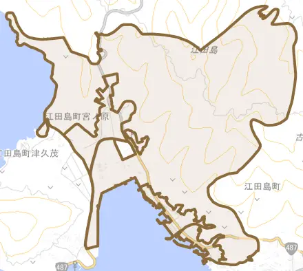 江田島町宮ノ原とその周辺の地図。町の範囲を重ねている