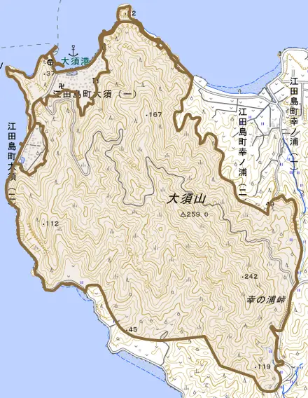 江田島町大須とその周辺の地図。町の範囲を重ねている