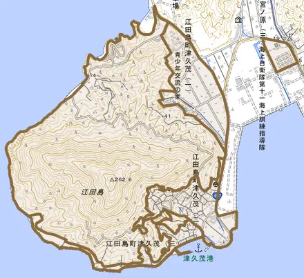 江田島町津久茂とその周辺の地図。町の範囲を重ねている