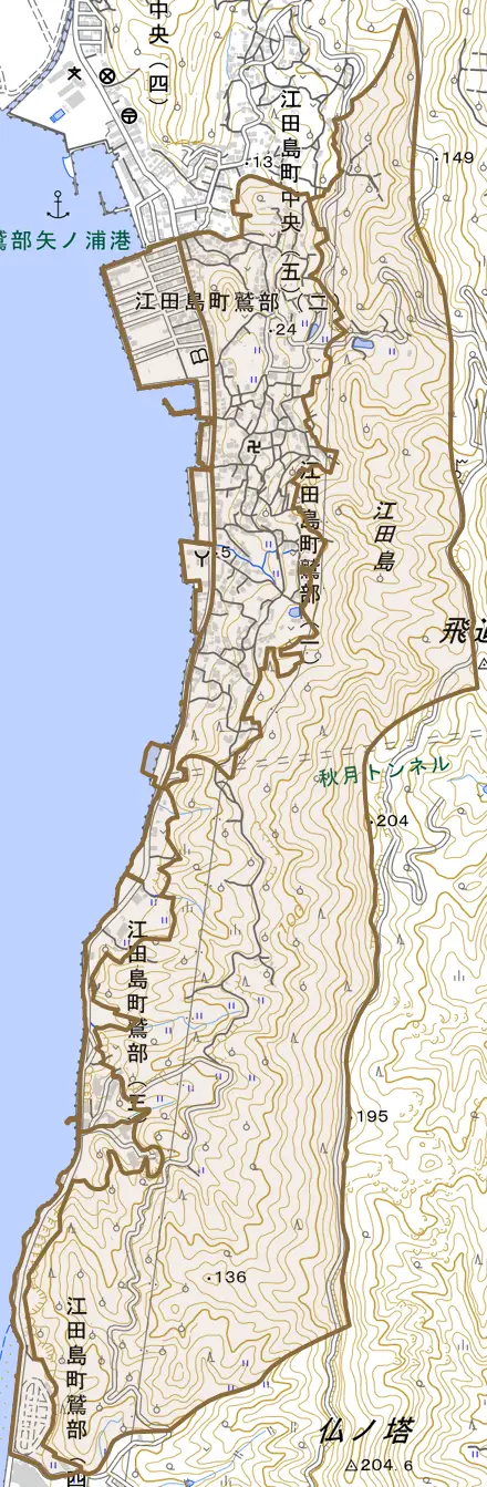 江田島町鷲部とその周辺の地図。町の範囲を重ねている