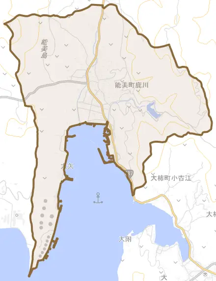能美町鹿川とその周辺の地図。町の範囲を重ねている