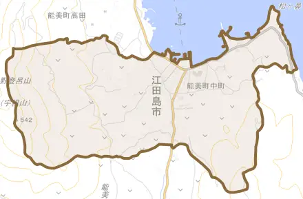 能美町中町とその周辺の地図。町の範囲を重ねている