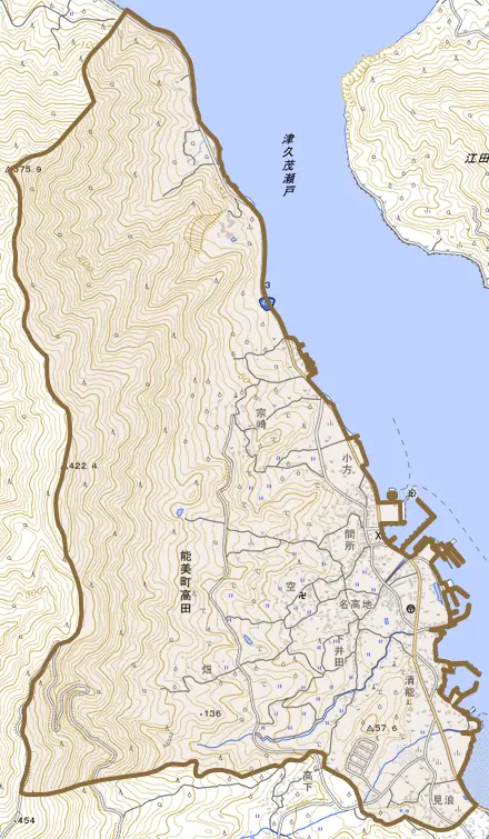 能美町高田とその周辺の地図。町の範囲を重ねている