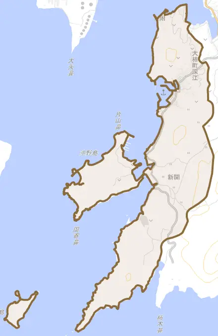 大柿町深江とその周辺の地図。町の範囲を重ねている