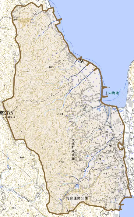 大柿町飛渡瀬とその周辺の地図。町の範囲を重ねている