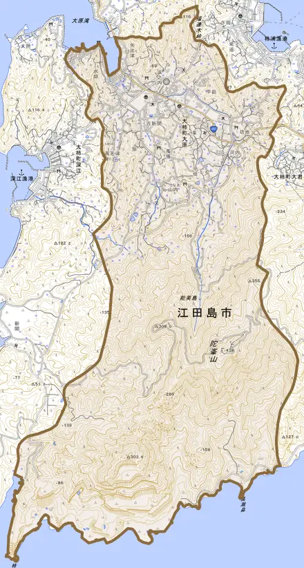大柿町大原とその周辺の地図。町の範囲を重ねている