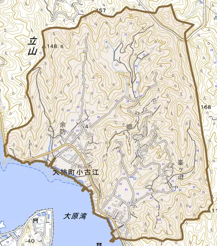 大柿町小古江とその周辺の地図。町の範囲を重ねている