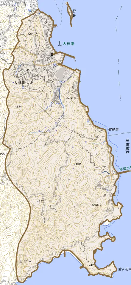 大柿町大君とその周辺の地図。町の範囲を重ねている